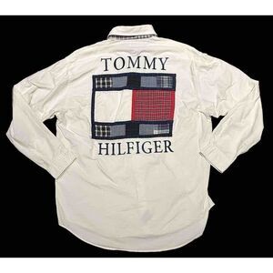 VTG Tommy Hilfiger Shirt Button Up Sz L Flag Spellout Patchwork Colorblock Crest